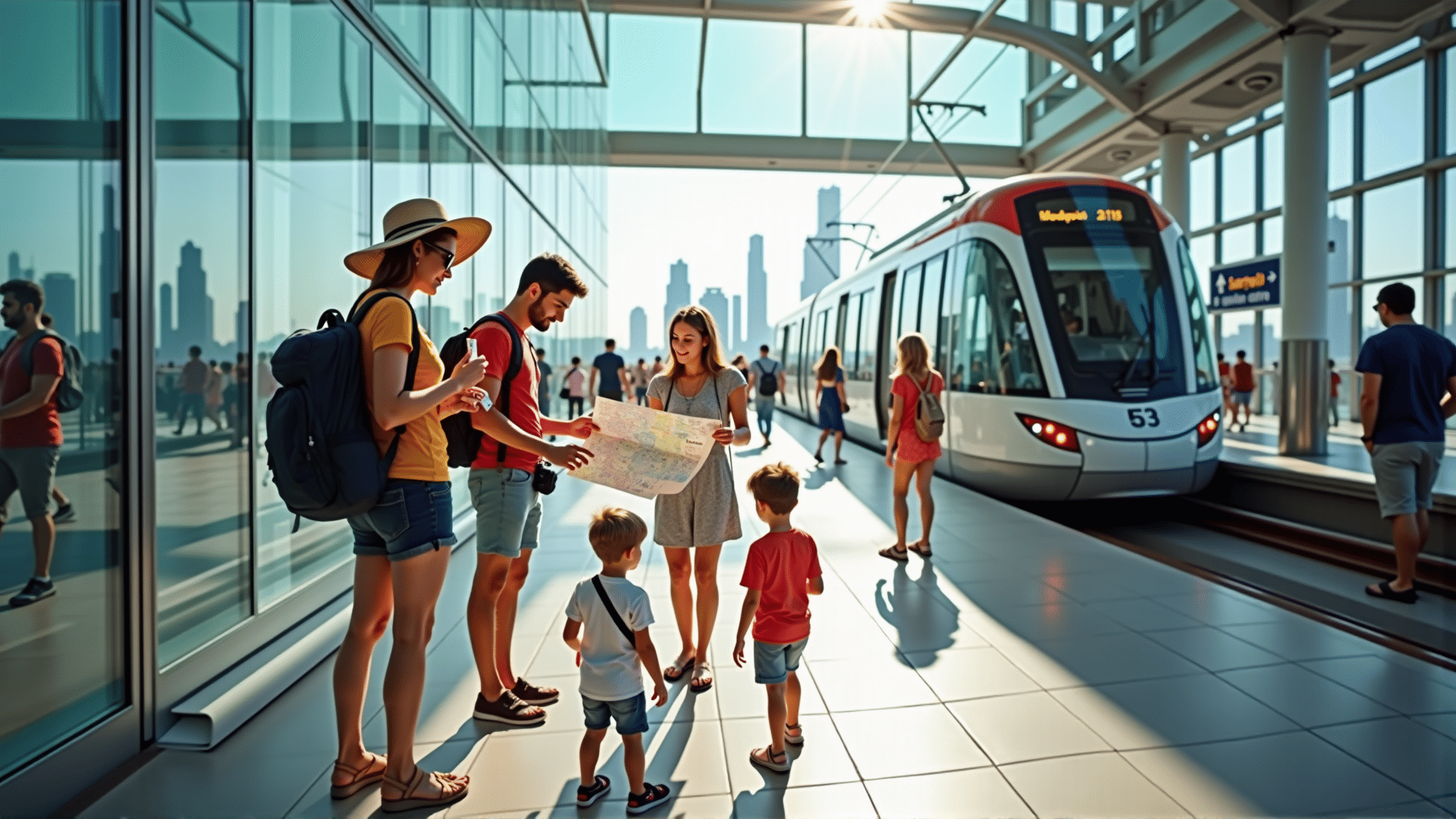 Tourists using Dubai public transport